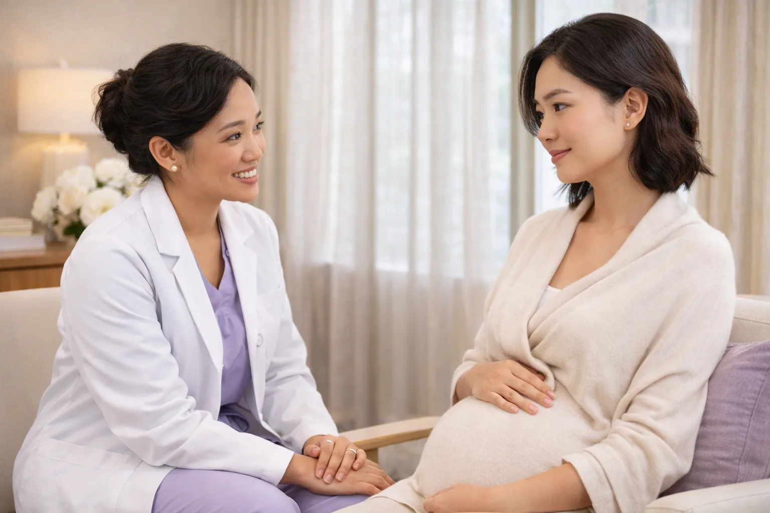 Female OB/GYN physician having a compassionate conversation with a pregnant patient at Legacy OBGYN in Frisco, Texas