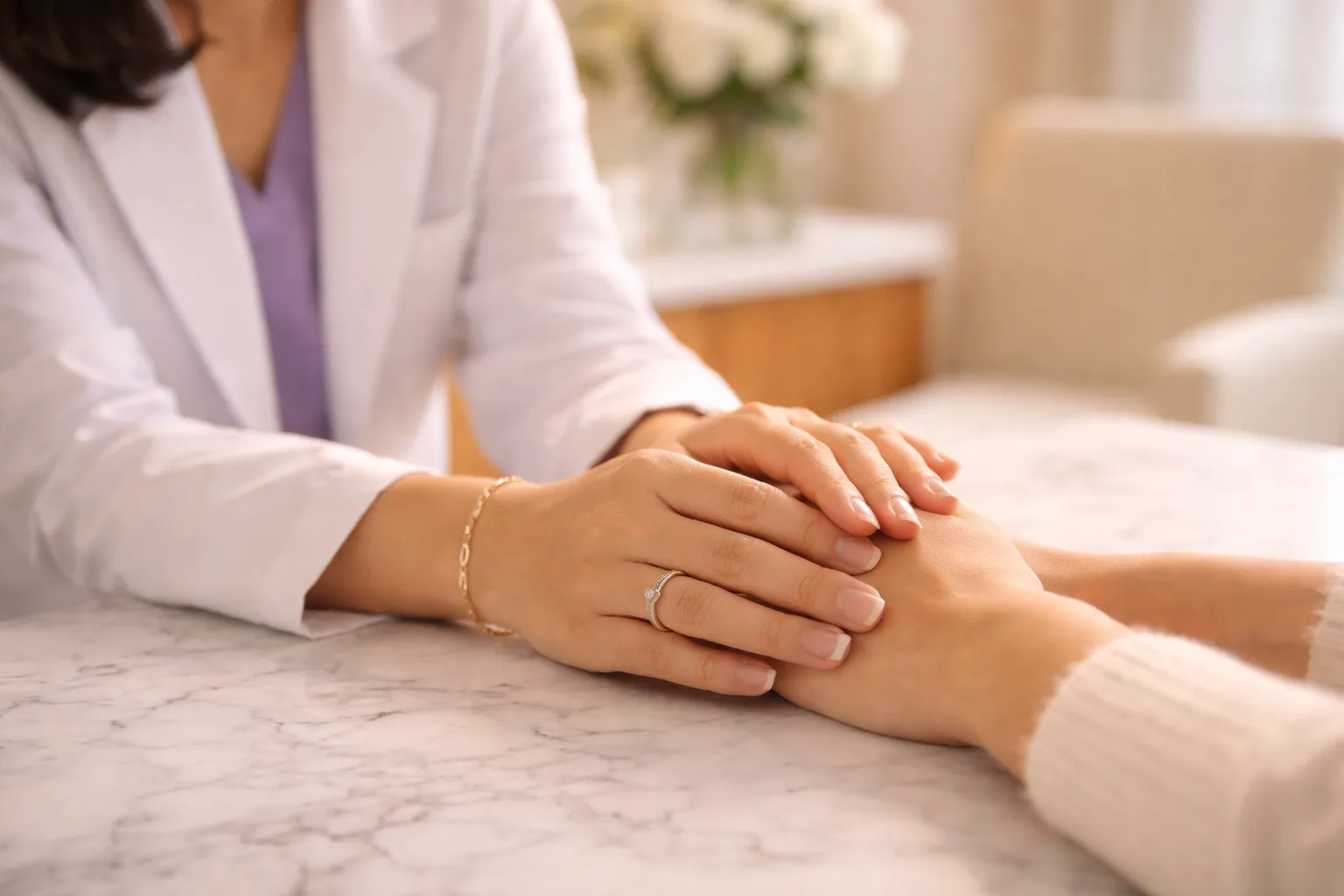 Doctor's hands gently holding patient's hands during consultation, conveying empathy and trust